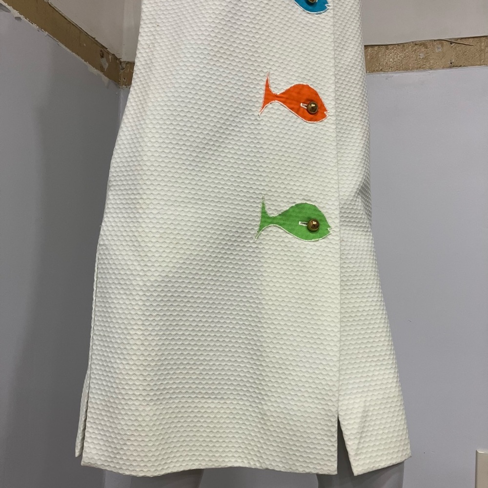 Vtg 80s Waffle Knit Big Buttons Fish Embroidery Dress - Picture 5 of 7
